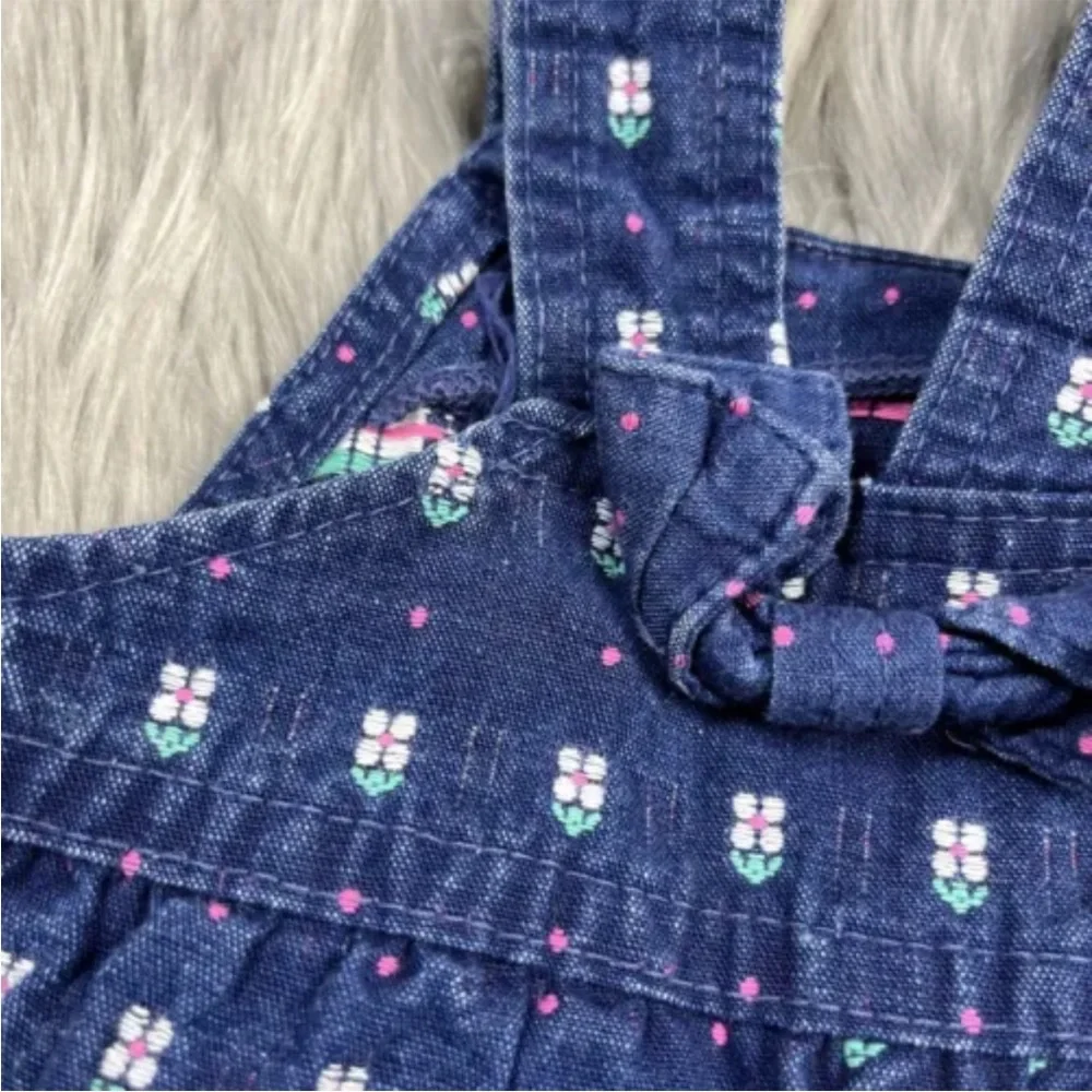 Vintage Oshkosh Bgosh Baby Girls Denim Blue White Pink Floral Overalls